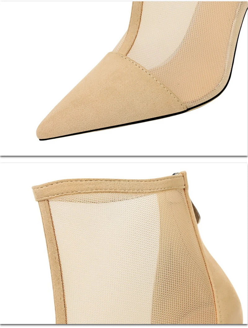 Eilyken Spring Autumn Sexy Mesh Women Ankle Boots Pointed Toe Fashion Zip Ladies Party Stiletto High Heels Shoes Size 34-40
