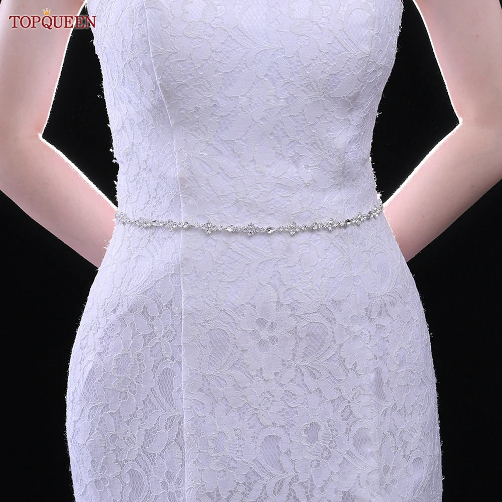 TOPQUEEN S305 Thin Bridal Belt Bling Rhinestone Chain Wedding Accessories Bridesmaid Dress Sash Satin Ribbon Women'S Party Belt
