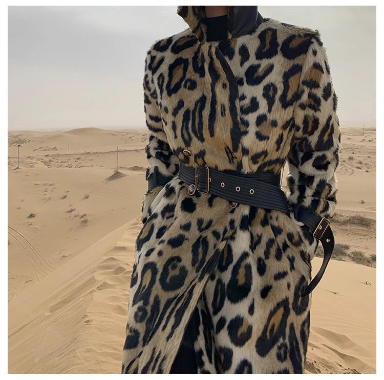 Lautaro Winter Long Leopard Print Warm Fluffy Faux Fur Trench Coat for Women Long Sleeve Double Breasted European Fashion 2021