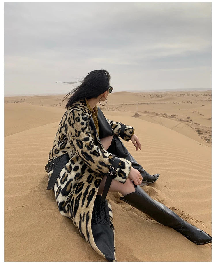 Lautaro Winter Long Leopard Print Warm Fluffy Faux Fur Trench Coat for Women Long Sleeve Double Breasted European Fashion 2021