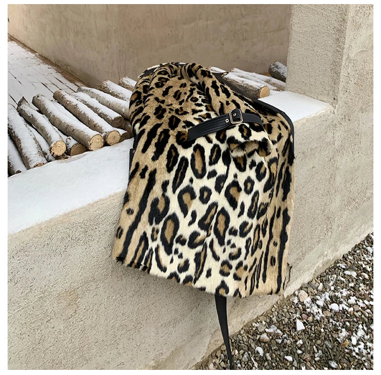 Lautaro Winter Long Leopard Print Warm Fluffy Faux Fur Trench Coat for Women Long Sleeve Double Breasted European Fashion 2021