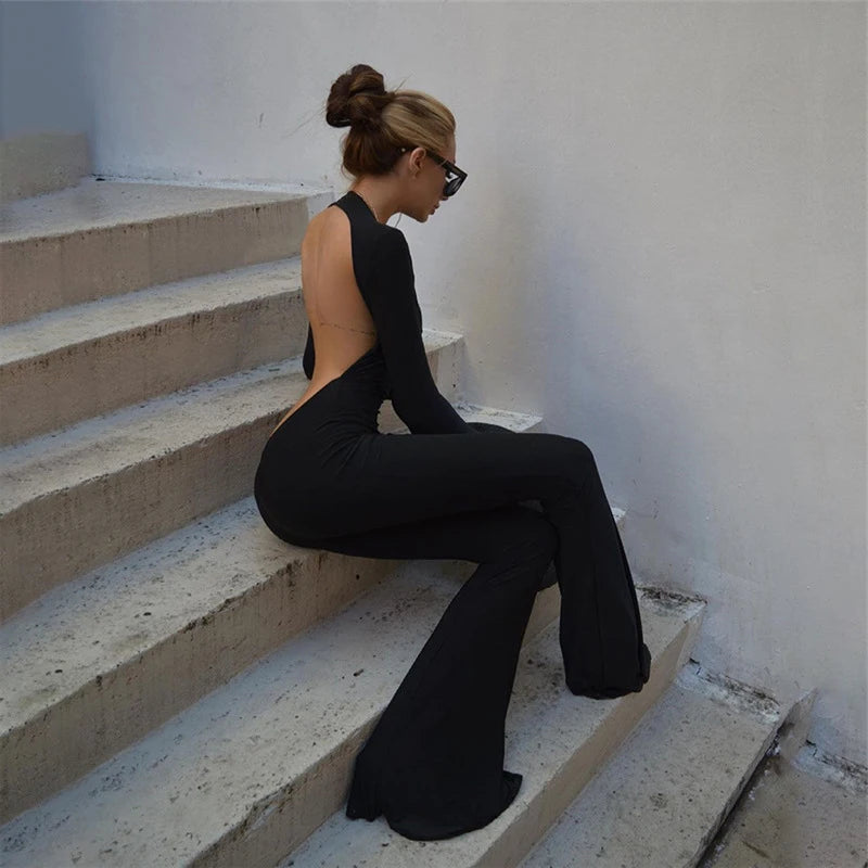 Women Black Stretchy Bodycon Jumpsuits Sexy Backless O Neck Slim Flare Pants One Piece Rompers 2022 Casual Night Prom Overalls