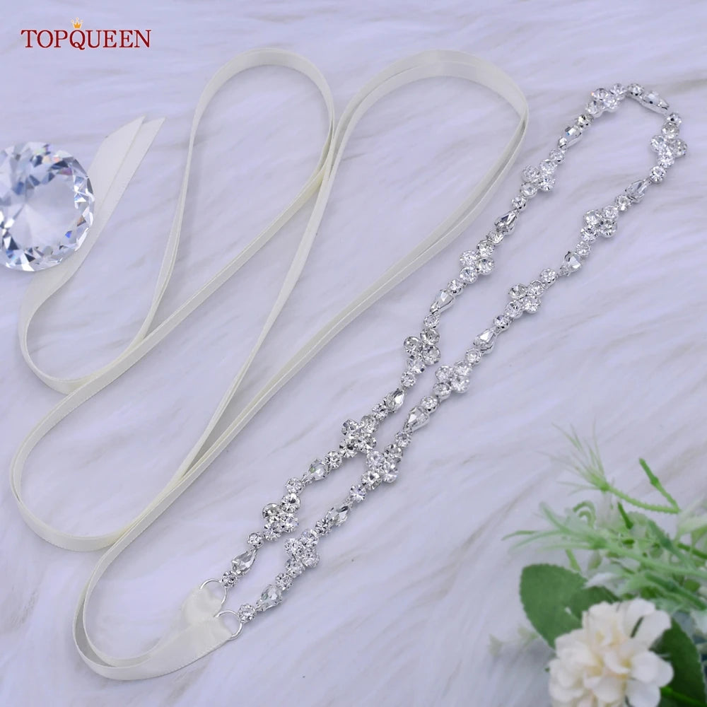 TOPQUEEN S305 Thin Bridal Belt Bling Rhinestone Chain Wedding Accessories Bridesmaid Dress Sash Satin Ribbon Women'S Party Belt