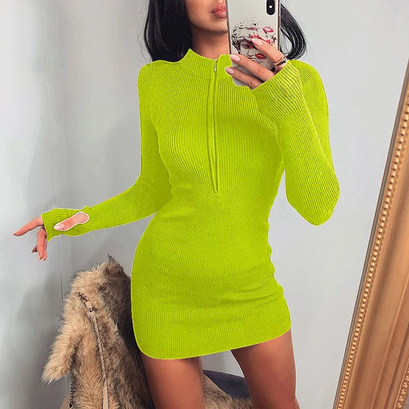 Sexy Zipper Bodycon Dress Elegant Long Sleeve Finger Hole Knitting Mini Dress Vintage Harajuku Sweater Dress Casual Clubwear
