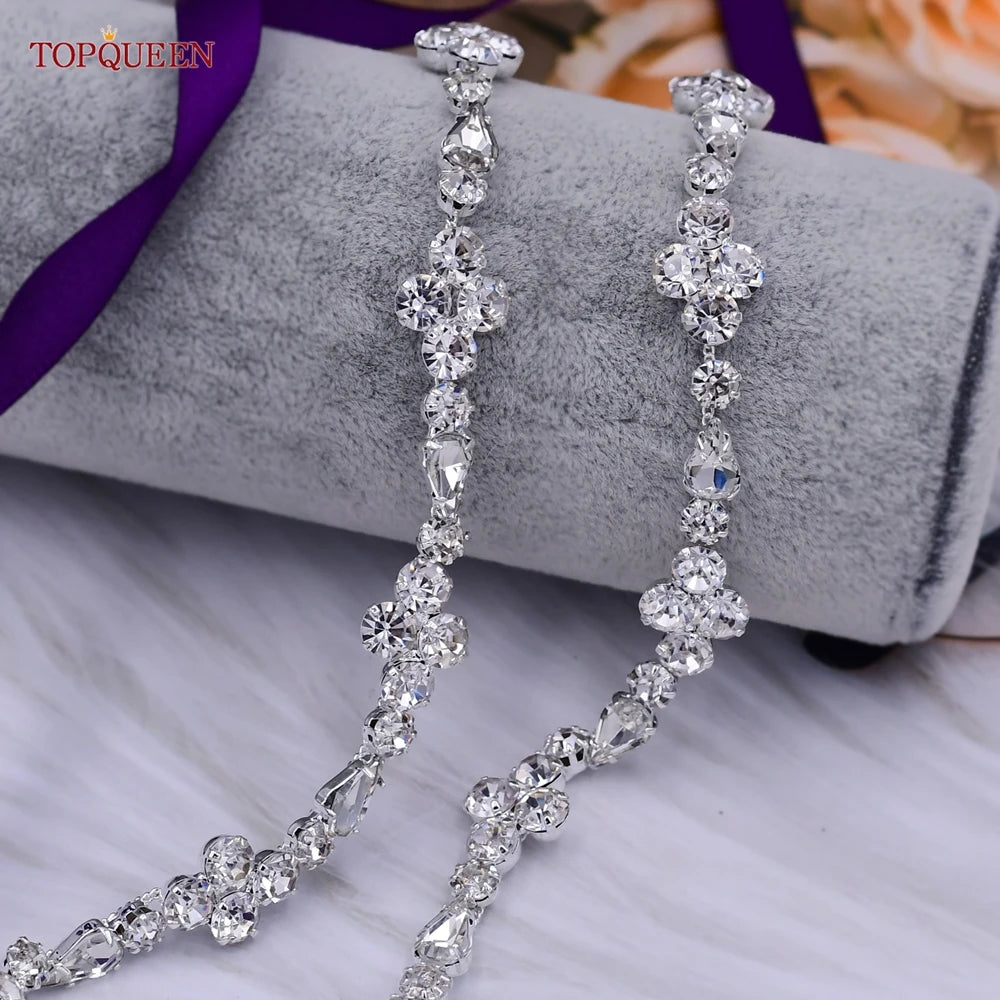 TOPQUEEN S305 Thin Bridal Belt Bling Rhinestone Chain Wedding Accessories Bridesmaid Dress Sash Satin Ribbon Women'S Party Belt