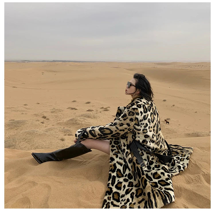 Lautaro Winter Long Leopard Print Warm Fluffy Faux Fur Trench Coat for Women Long Sleeve Double Breasted European Fashion 2021