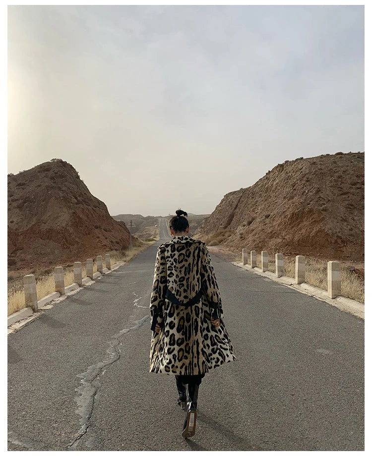 Lautaro Winter Long Leopard Print Warm Fluffy Faux Fur Trench Coat for Women Long Sleeve Double Breasted European Fashion 2021