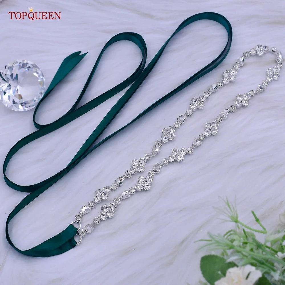 TOPQUEEN S305 Thin Bridal Belt Bling Rhinestone Chain Wedding Accessories Bridesmaid Dress Sash Satin Ribbon Women'S Party Belt