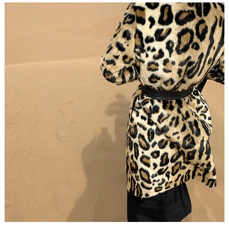 Lautaro Winter Long Leopard Print Warm Fluffy Faux Fur Trench Coat for Women Long Sleeve Double Breasted European Fashion 2021