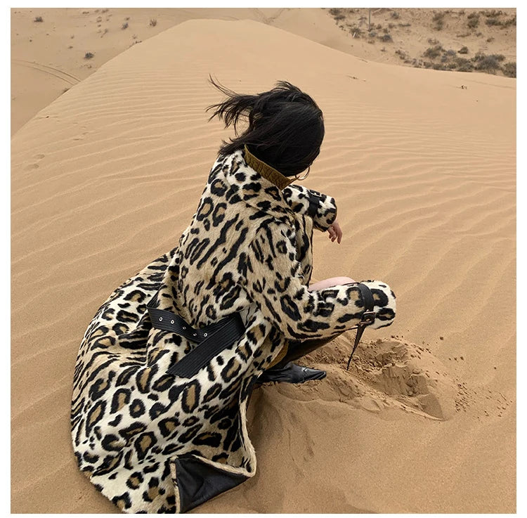 Lautaro Winter Long Leopard Print Warm Fluffy Faux Fur Trench Coat for Women Long Sleeve Double Breasted European Fashion 2021