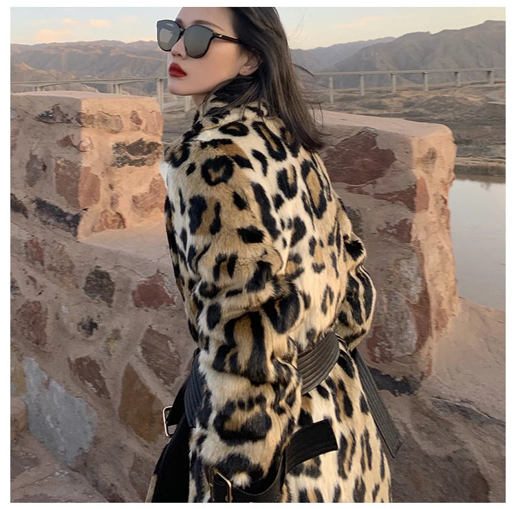 Lautaro Winter Long Leopard Print Warm Fluffy Faux Fur Trench Coat for Women Long Sleeve Double Breasted European Fashion 2021