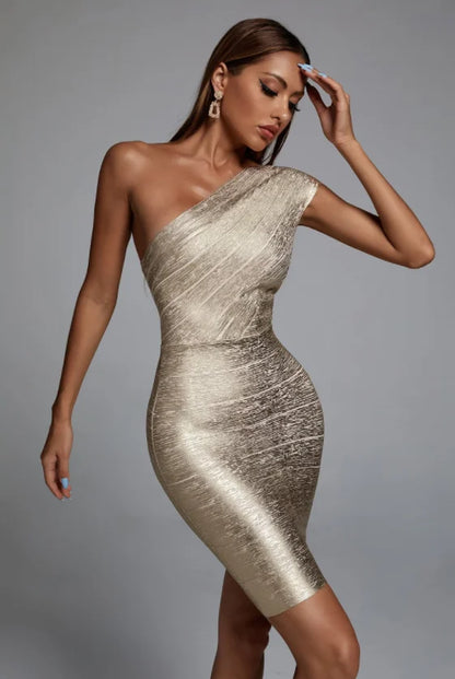 Celebrity One Shoulder Foiling Gold Print