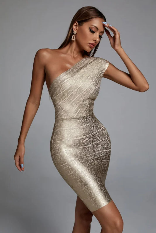 Celebrity One Shoulder Foiling Gold Print
