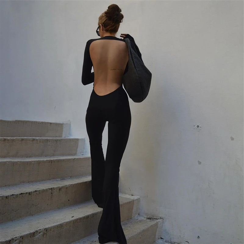 Women Black Stretchy Bodycon Jumpsuits Sexy Backless O Neck Slim Flare Pants One Piece Rompers 2022 Casual Night Prom Overalls