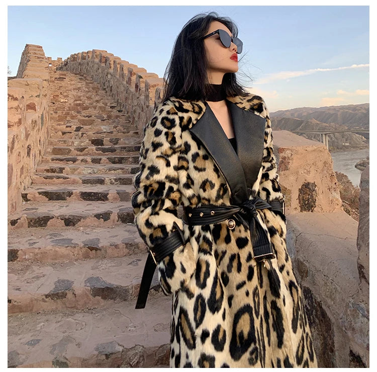 Lautaro Winter Long Leopard Print Warm Fluffy Faux Fur Trench Coat for Women Long Sleeve Double Breasted European Fashion 2021