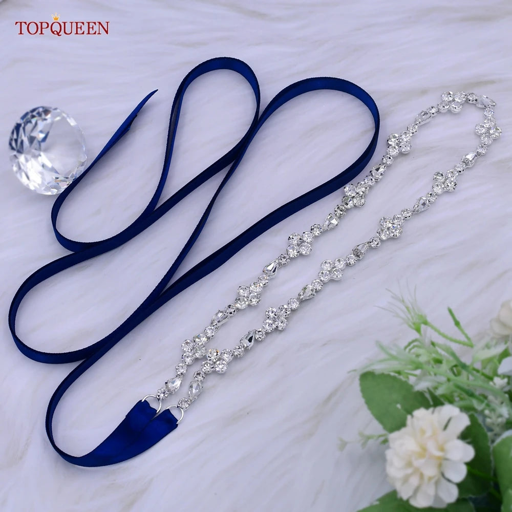 TOPQUEEN S305 Thin Bridal Belt Bling Rhinestone Chain Wedding Accessories Bridesmaid Dress Sash Satin Ribbon Women'S Party Belt