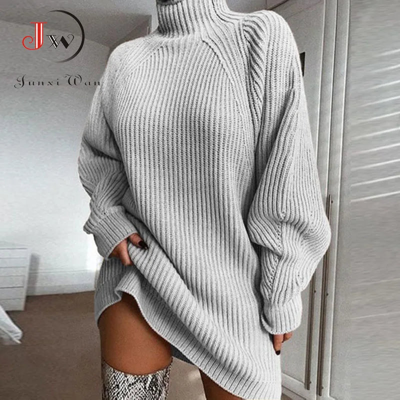 Turtleneck Oversized Knitted Dress Solid Long