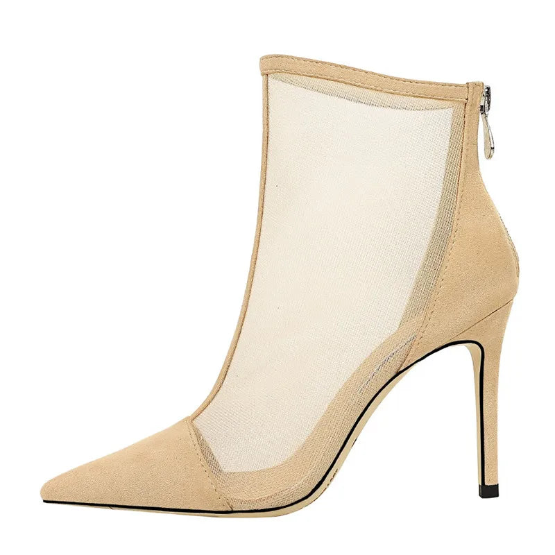 Eilyken Spring Autumn Sexy Mesh Women Ankle Boots Pointed Toe Fashion Zip Ladies Party Stiletto High Heels Shoes Size 34-40