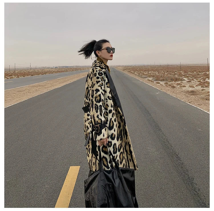 Lautaro Winter Long Leopard Print Warm Fluffy Faux Fur Trench Coat for Women Long Sleeve Double Breasted European Fashion 2021