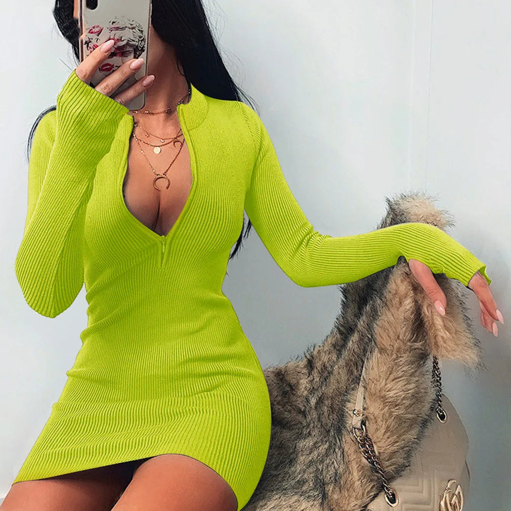 Sexy Zipper Bodycon Dress Elegant Long Sleeve Finger Hole Knitting Mini Dress Vintage Harajuku Sweater Dress Casual Clubwear