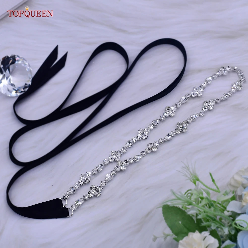 TOPQUEEN S305 Thin Bridal Belt Bling Rhinestone Chain Wedding Accessories Bridesmaid Dress Sash Satin Ribbon Women'S Party Belt