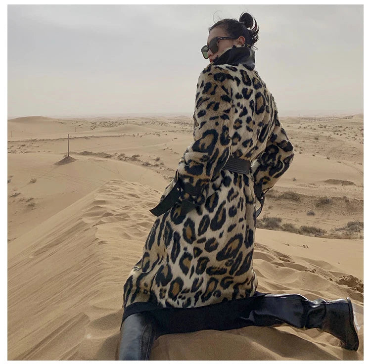 Lautaro Winter Long Leopard Print Warm Fluffy Faux Fur Trench Coat for Women Long Sleeve Double Breasted European Fashion 2021