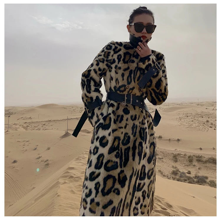 Lautaro Winter Long Leopard Print Warm Fluffy Faux Fur Trench Coat for Women Long Sleeve Double Breasted European Fashion 2021