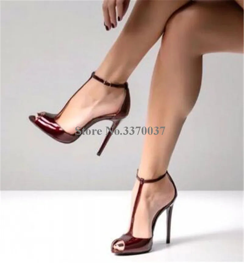 Spring New Fashion Women Peep Toe Patent Leather Stiletto Heel Pumps Wine Red Ankle Strap High Heels Formal Dress Shoes