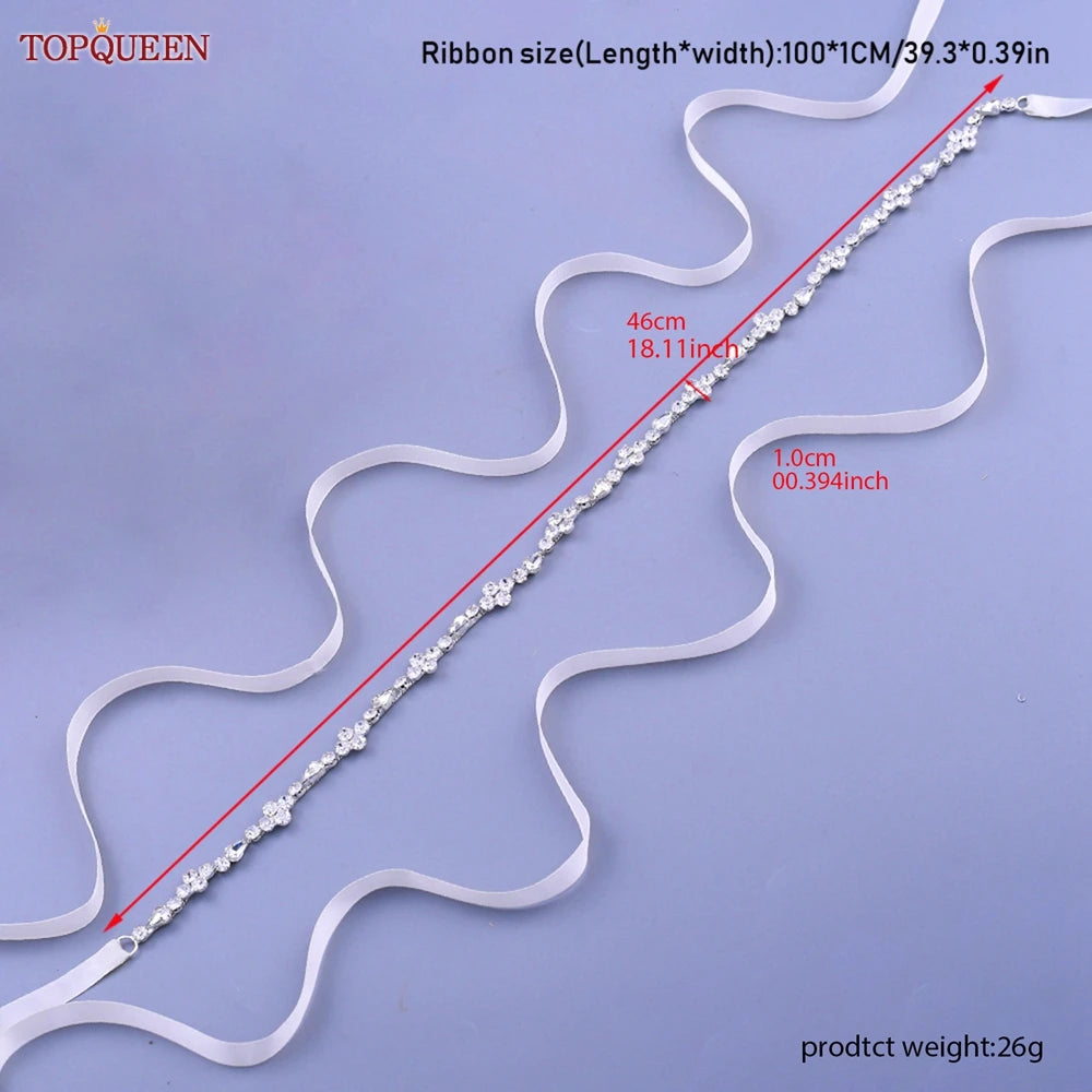 TOPQUEEN S305 Thin Bridal Belt Bling Rhinestone Chain Wedding Accessories Bridesmaid Dress Sash Satin Ribbon Women'S Party Belt