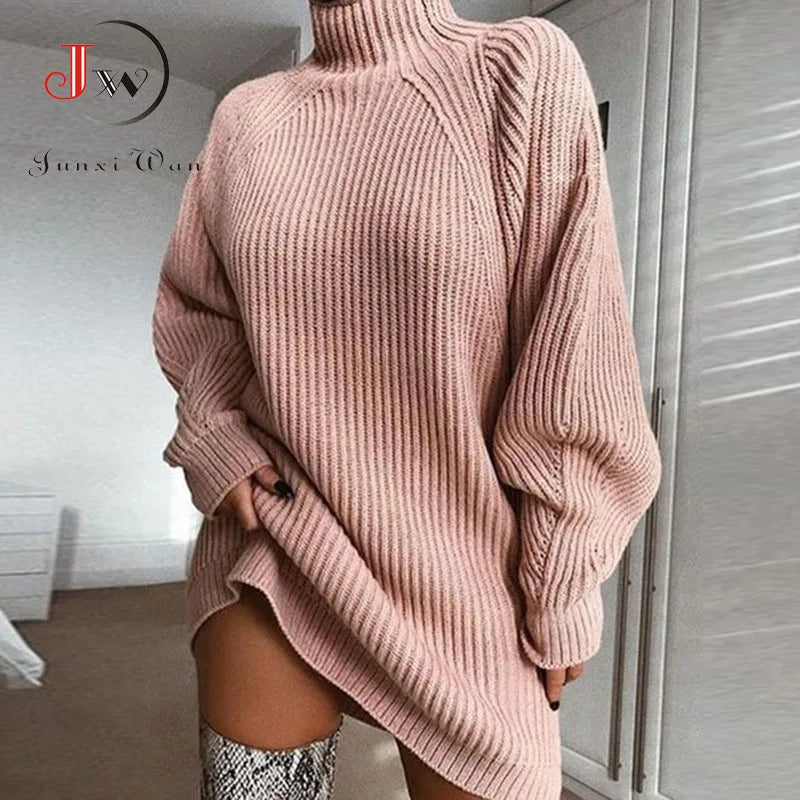 Turtleneck Oversized Knitted Dress Solid Long