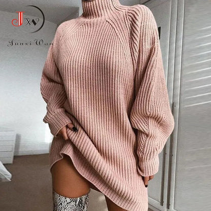Turtleneck Oversized Knitted Dress Solid Long