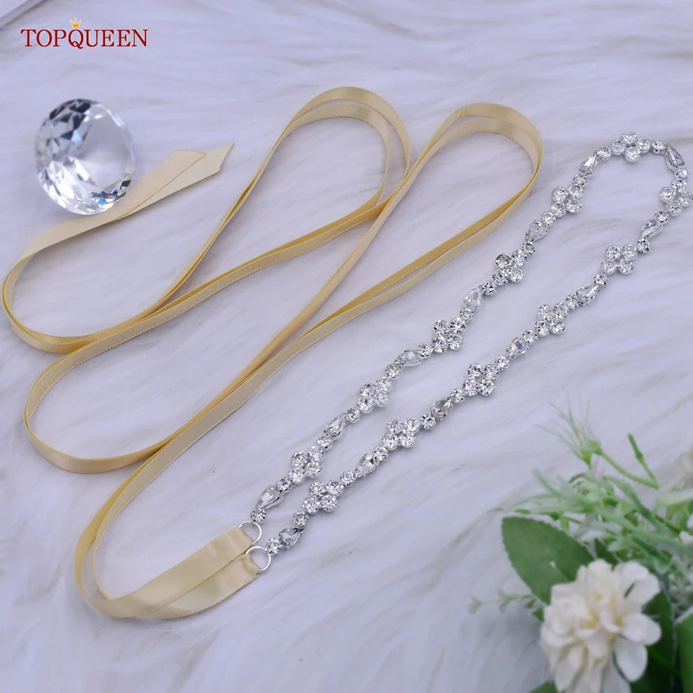 TOPQUEEN S305 Thin Bridal Belt Bling Rhinestone Chain Wedding Accessories Bridesmaid Dress Sash Satin Ribbon Women'S Party Belt