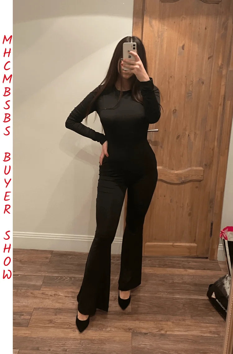 Women Black Stretchy Bodycon Jumpsuits Sexy Backless O Neck Slim Flare Pants One Piece Rompers 2022 Casual Night Prom Overalls
