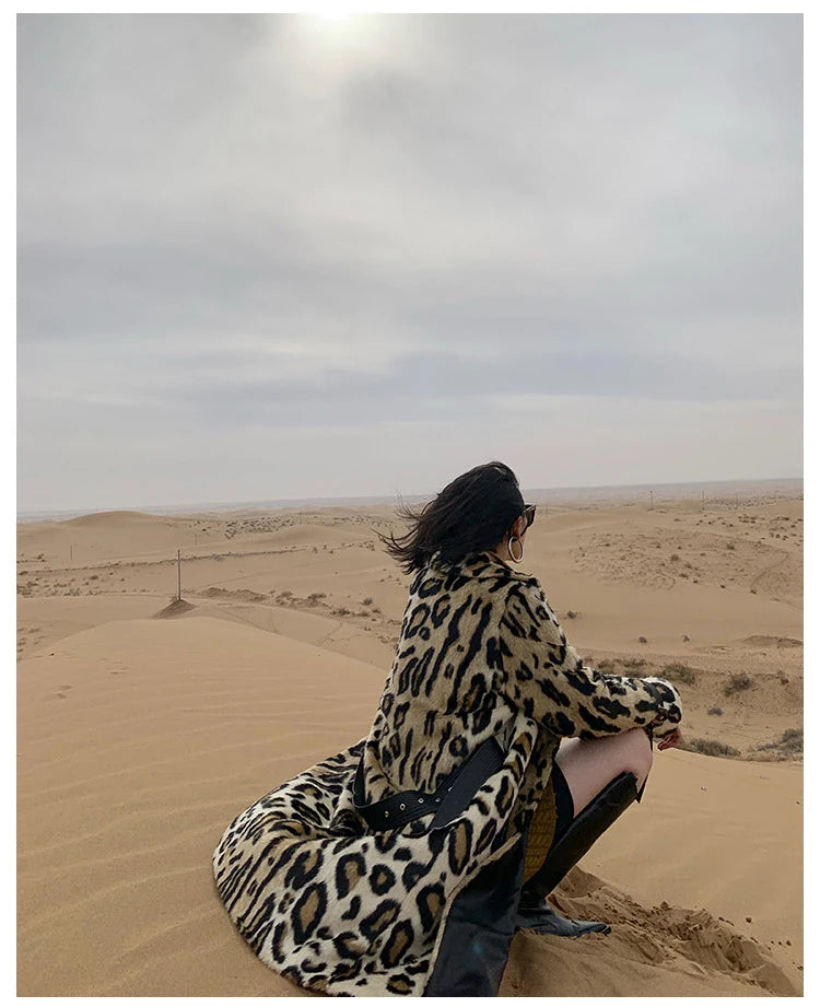 Lautaro Winter Long Leopard Print Warm Fluffy Faux Fur Trench Coat for Women Long Sleeve Double Breasted European Fashion 2021