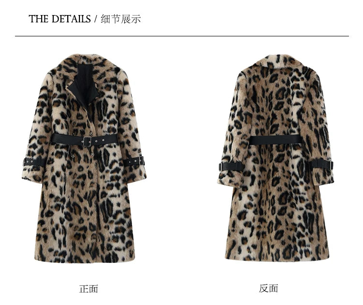 Lautaro Winter Long Leopard Print Warm Fluffy Faux Fur Trench Coat for Women Long Sleeve Double Breasted European Fashion 2021