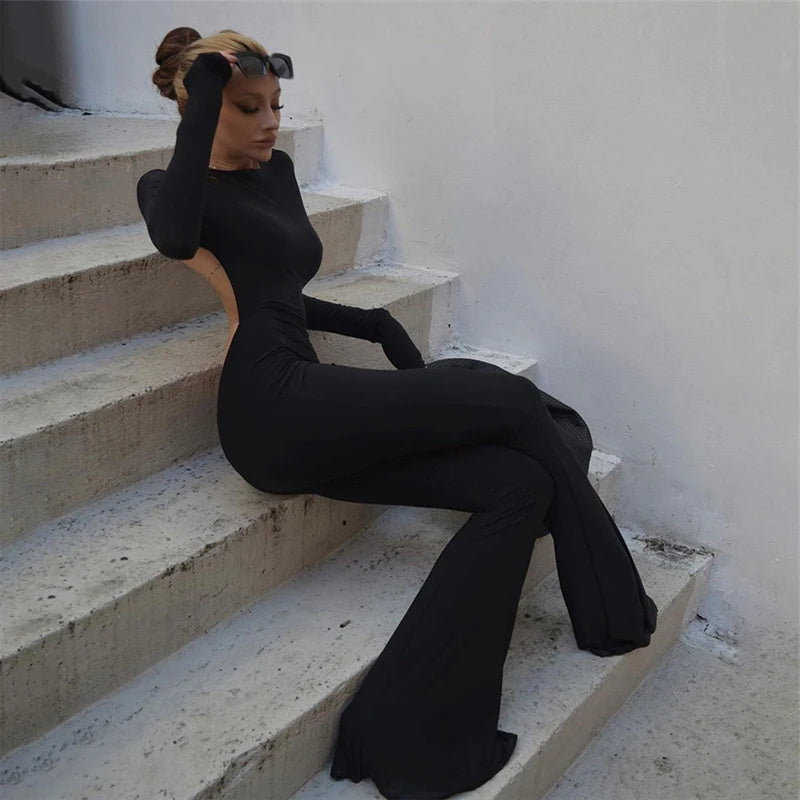 Women Black Stretchy Bodycon Jumpsuits Sexy Backless O Neck Slim Flare Pants One Piece Rompers 2022 Casual Night Prom Overalls