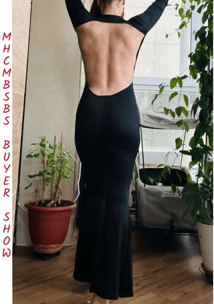 Women Black Stretchy Bodycon Jumpsuits Sexy Backless O Neck Slim Flare Pants One Piece Rompers 2022 Casual Night Prom Overalls