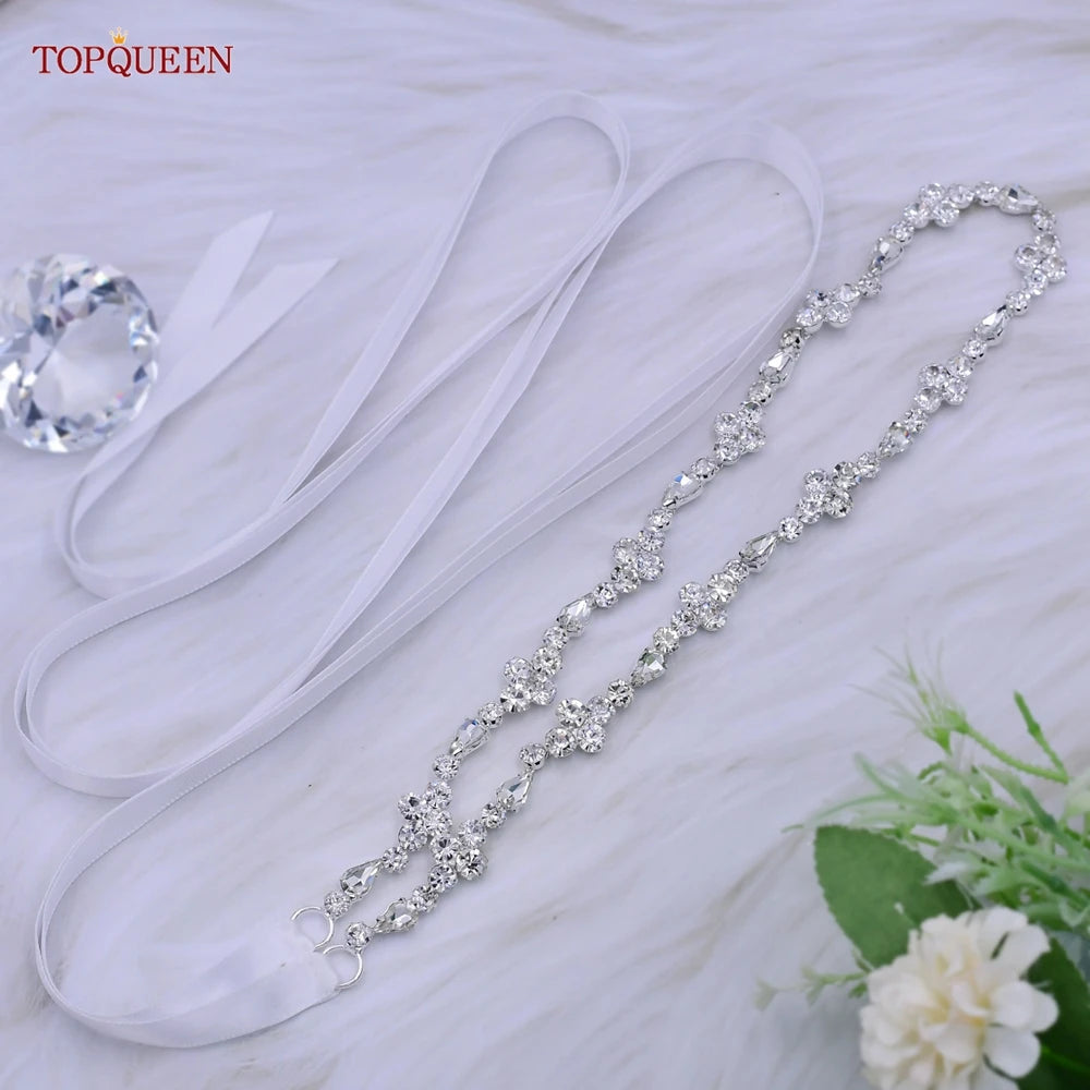 TOPQUEEN S305 Thin Bridal Belt Bling Rhinestone Chain Wedding Accessories Bridesmaid Dress Sash Satin Ribbon Women'S Party Belt