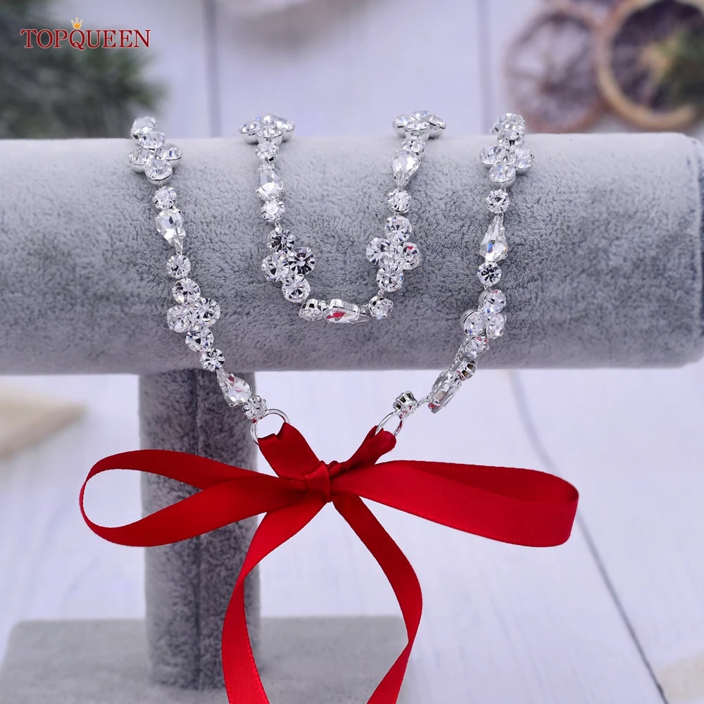 TOPQUEEN S305 Thin Bridal Belt Bling Rhinestone Chain Wedding Accessories Bridesmaid Dress Sash Satin Ribbon Women'S Party Belt