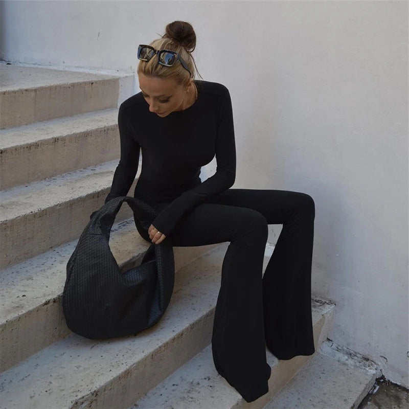 Women Black Stretchy Bodycon Jumpsuits Sexy Backless O Neck Slim Flare Pants One Piece Rompers 2022 Casual Night Prom Overalls