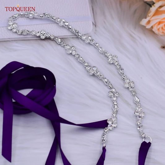 TOPQUEEN S305 Thin Bridal Belt Bling Rhinestone Chain Wedding Accessories Bridesmaid Dress Sash Satin Ribbon Women'S Party Belt
