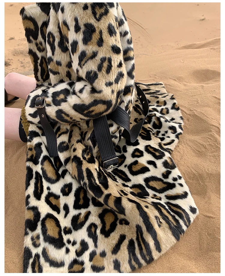 Lautaro Winter Long Leopard Print Warm Fluffy Faux Fur Trench Coat for Women Long Sleeve Double Breasted European Fashion 2021