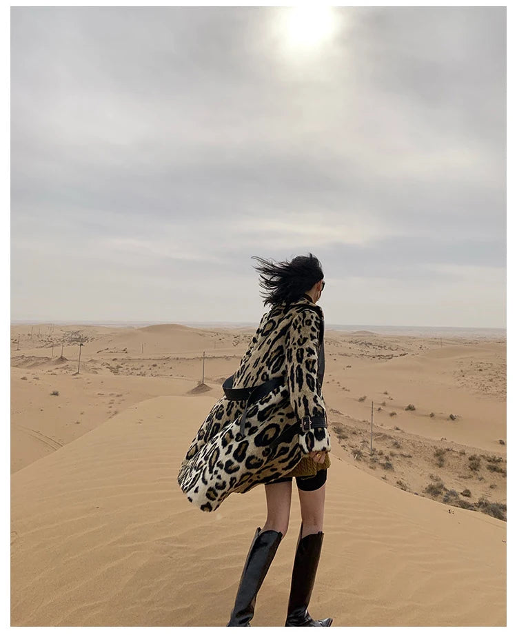 Lautaro Winter Long Leopard Print Warm Fluffy Faux Fur Trench Coat for Women Long Sleeve Double Breasted European Fashion 2021