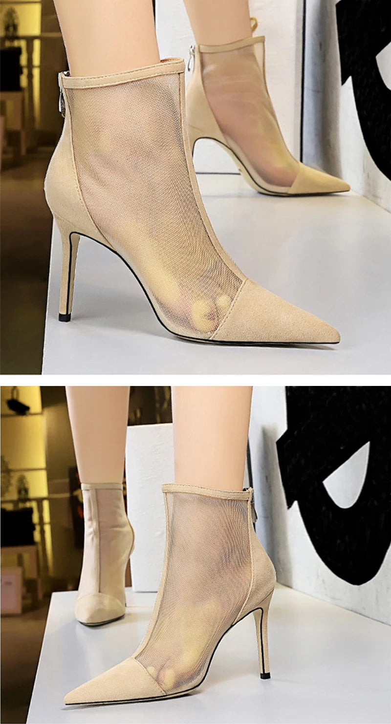 Eilyken Spring Autumn Sexy Mesh Women Ankle Boots Pointed Toe Fashion Zip Ladies Party Stiletto High Heels Shoes Size 34-40