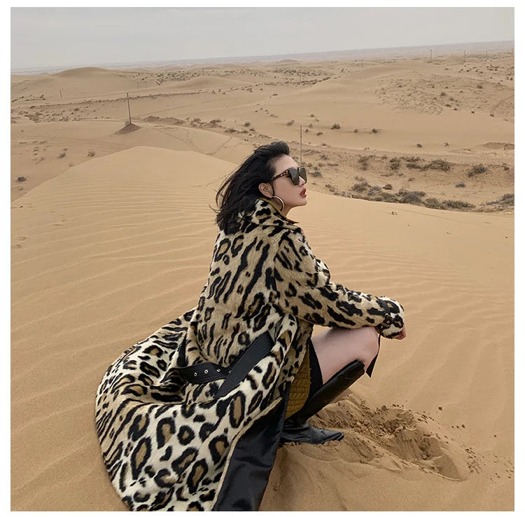 Lautaro Winter Long Leopard Print Warm Fluffy Faux Fur Trench Coat for Women Long Sleeve Double Breasted European Fashion 2021