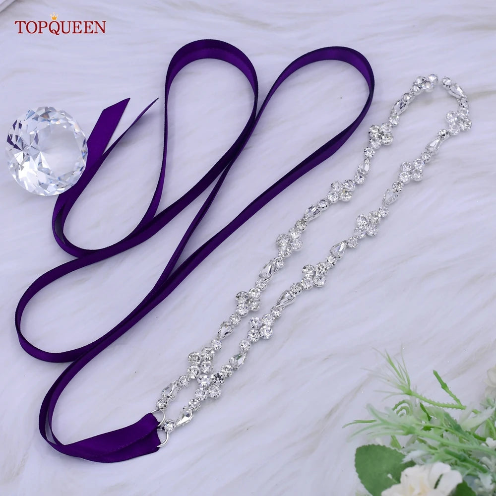 TOPQUEEN S305 Thin Bridal Belt Bling Rhinestone Chain Wedding Accessories Bridesmaid Dress Sash Satin Ribbon Women'S Party Belt