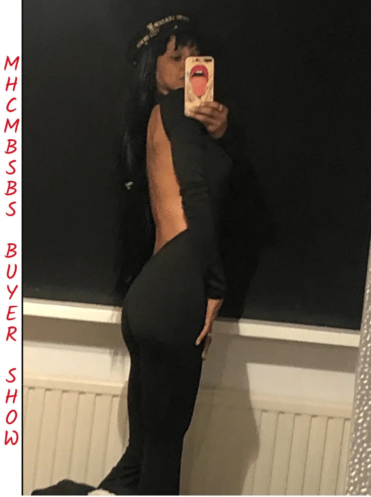 Women Black Stretchy Bodycon Jumpsuits Sexy Backless O Neck Slim Flare Pants One Piece Rompers 2022 Casual Night Prom Overalls