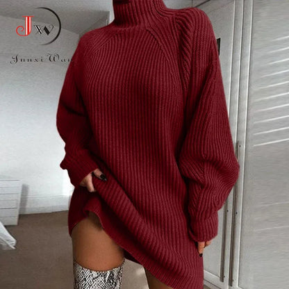 Turtleneck Oversized Knitted Dress Solid Long