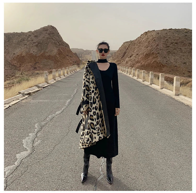 Lautaro Winter Long Leopard Print Warm Fluffy Faux Fur Trench Coat for Women Long Sleeve Double Breasted European Fashion 2021