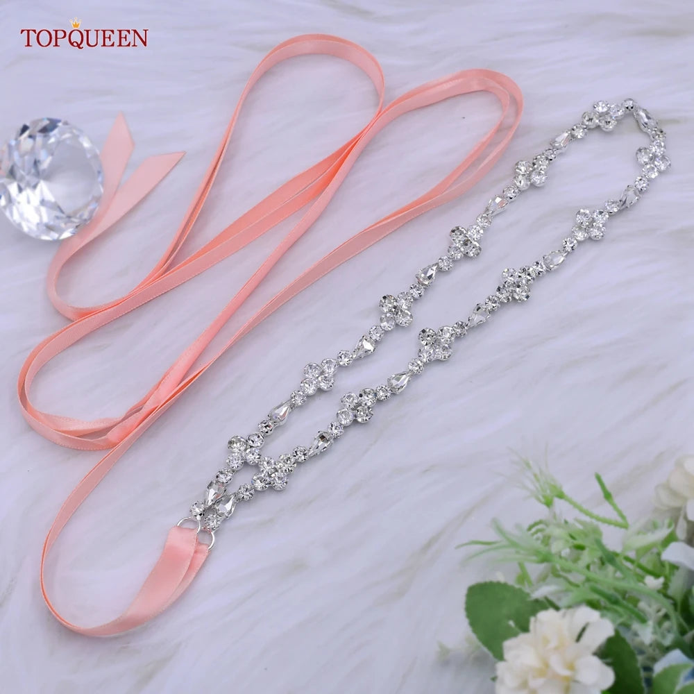 TOPQUEEN S305 Thin Bridal Belt Bling Rhinestone Chain Wedding Accessories Bridesmaid Dress Sash Satin Ribbon Women'S Party Belt